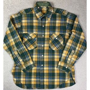 VTG 70s Woolrich Green Yellow Blue Plaid Long Sleeve Shirt USA Made Button Up